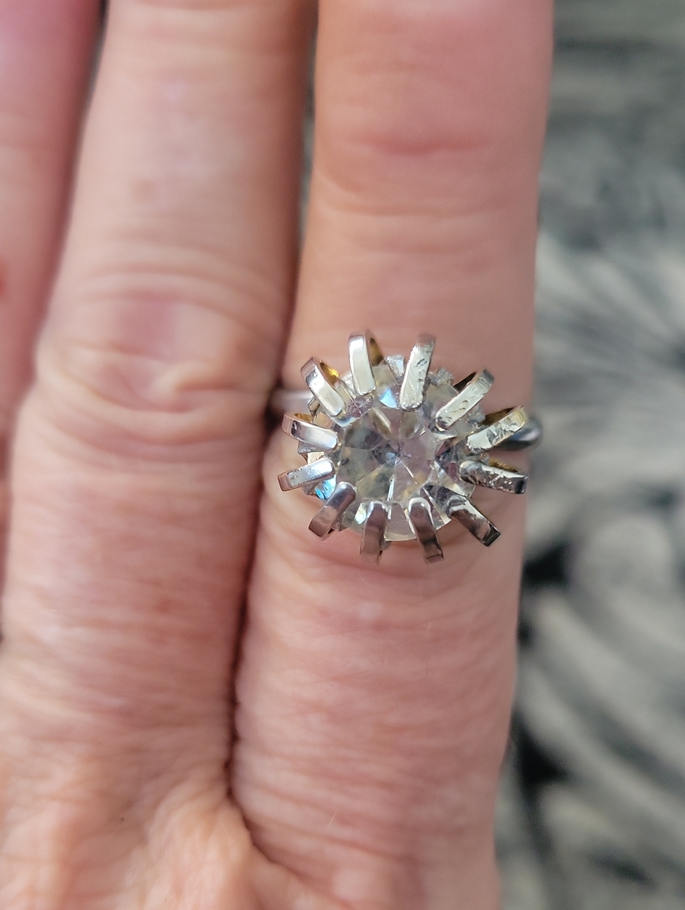 Vtg. Estate Handcrafted silver toned and crystal cocktail adjustable ring Signed
